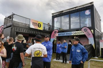 BBC Radio One mobile radio station shipping container conversion on-site at Radio One in the Park assisting with filming of live coverage.