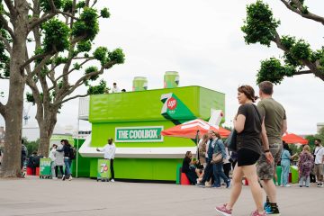 7UP summer product sampling campaign featuring custom build shipping container conversion reimagined to look like a drinks coolbox.