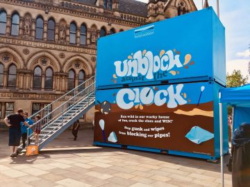 Custom container build for Yorkshire Waters experiential escape room campaign Unblock Against the Clock in Leeds town centre.
