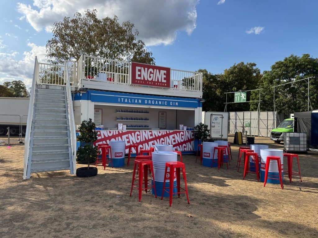 20ft Engine Gin branded container bar with upper terrace